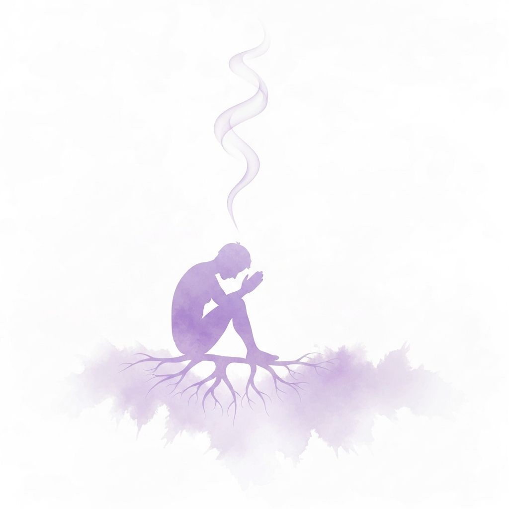 Silhouette of person curled in prayer with roots below and prayers ascending to heaven